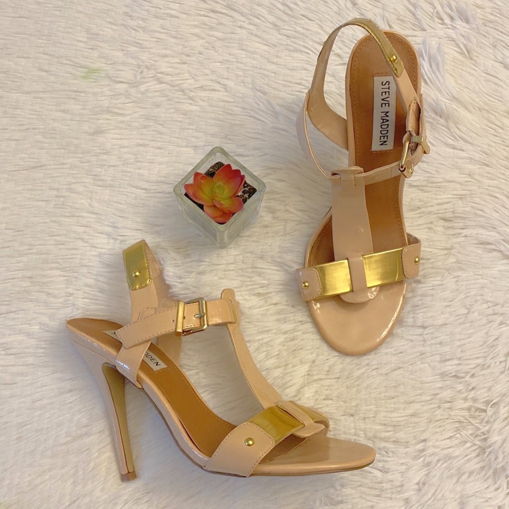 Steve Madden | Reya T-Strap Gold Nude heel women size 8 - Picture 4 of 9